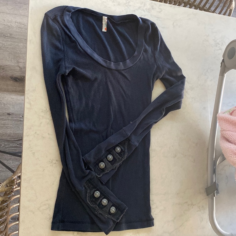 Free People thermal with distressed button cuff detail M